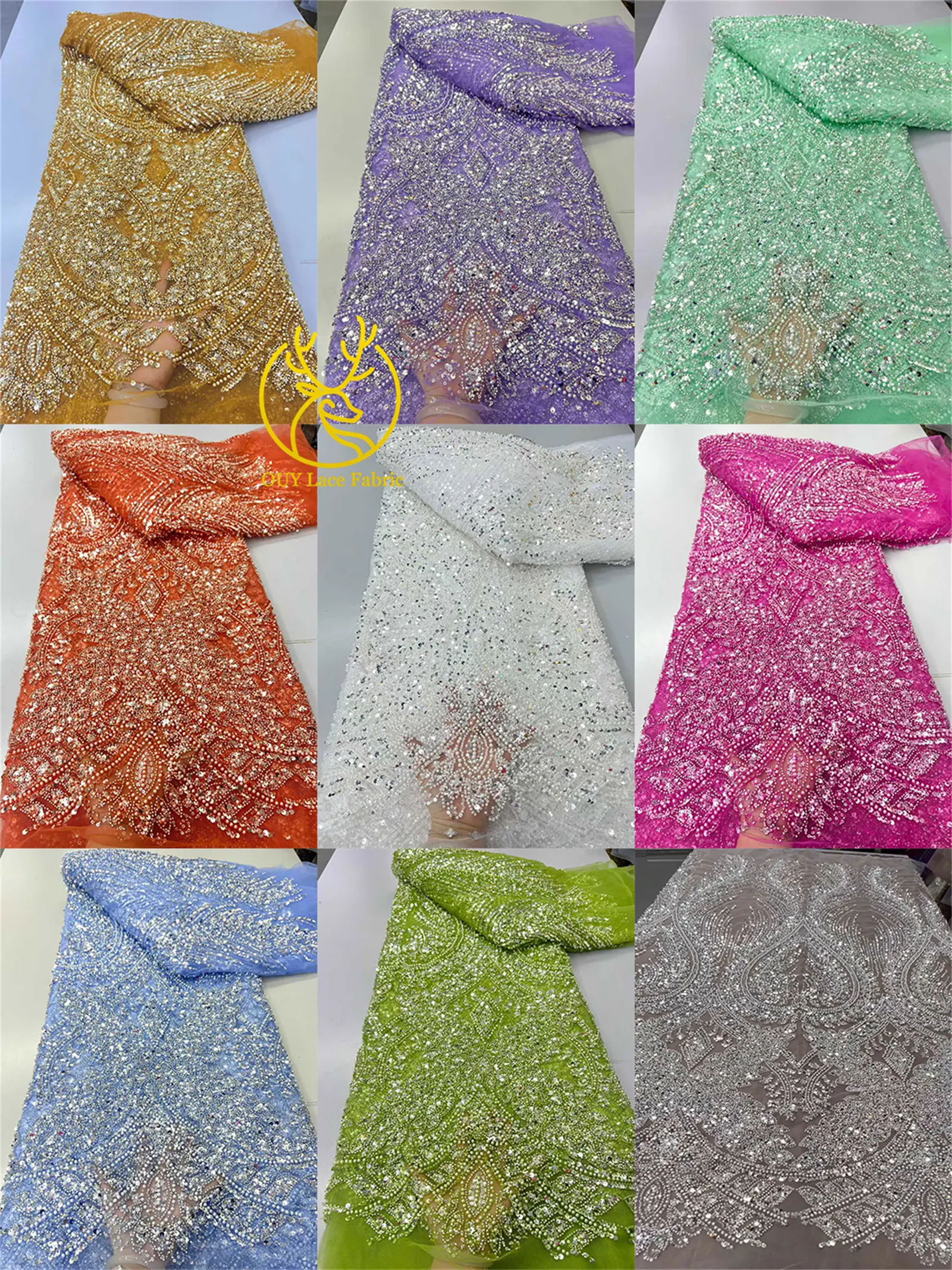 Tela de encaje africana de lujo dorada con cuentas hecha a mano 2026, tul de lentejuelas francesas de alta calidad para costura de vestidos de fiesta de boda