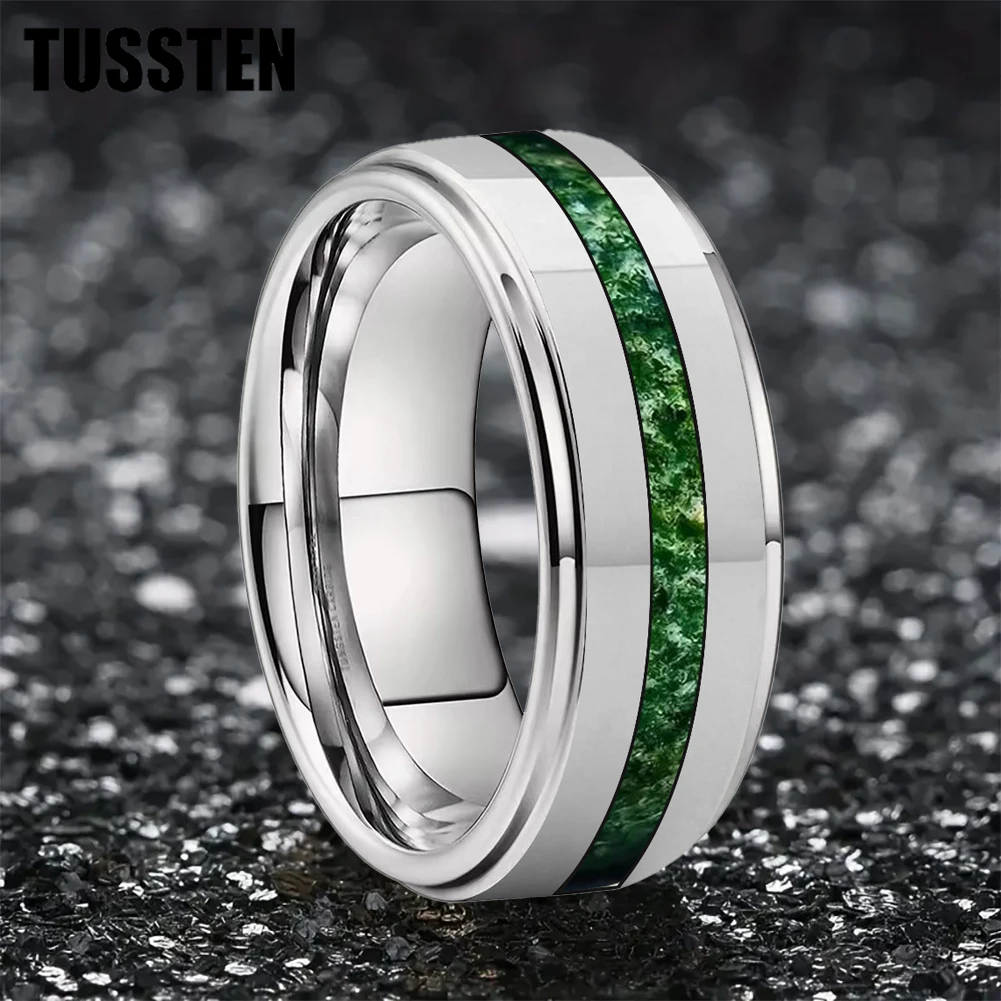 TUSSTEN 6/8mm Silver Tungsten Ring for Men Women Fashion Engagement Wedding Band Middle Groove inlaid with water Moss Agate