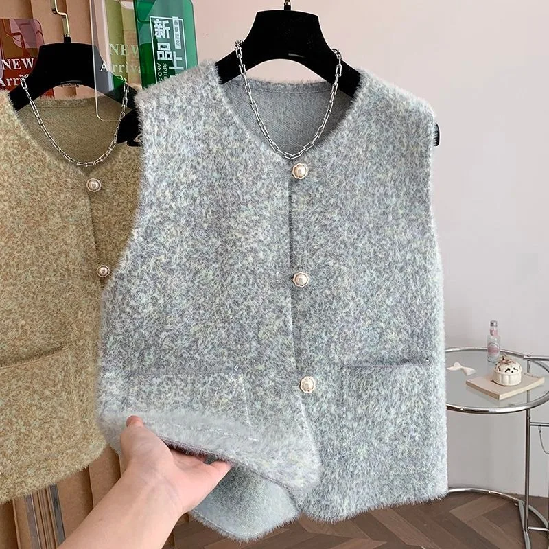 Korean Style Women Autumn Fuzzy Knit Vest Soft Loose Single-breasted Sleeveless Waistcoat