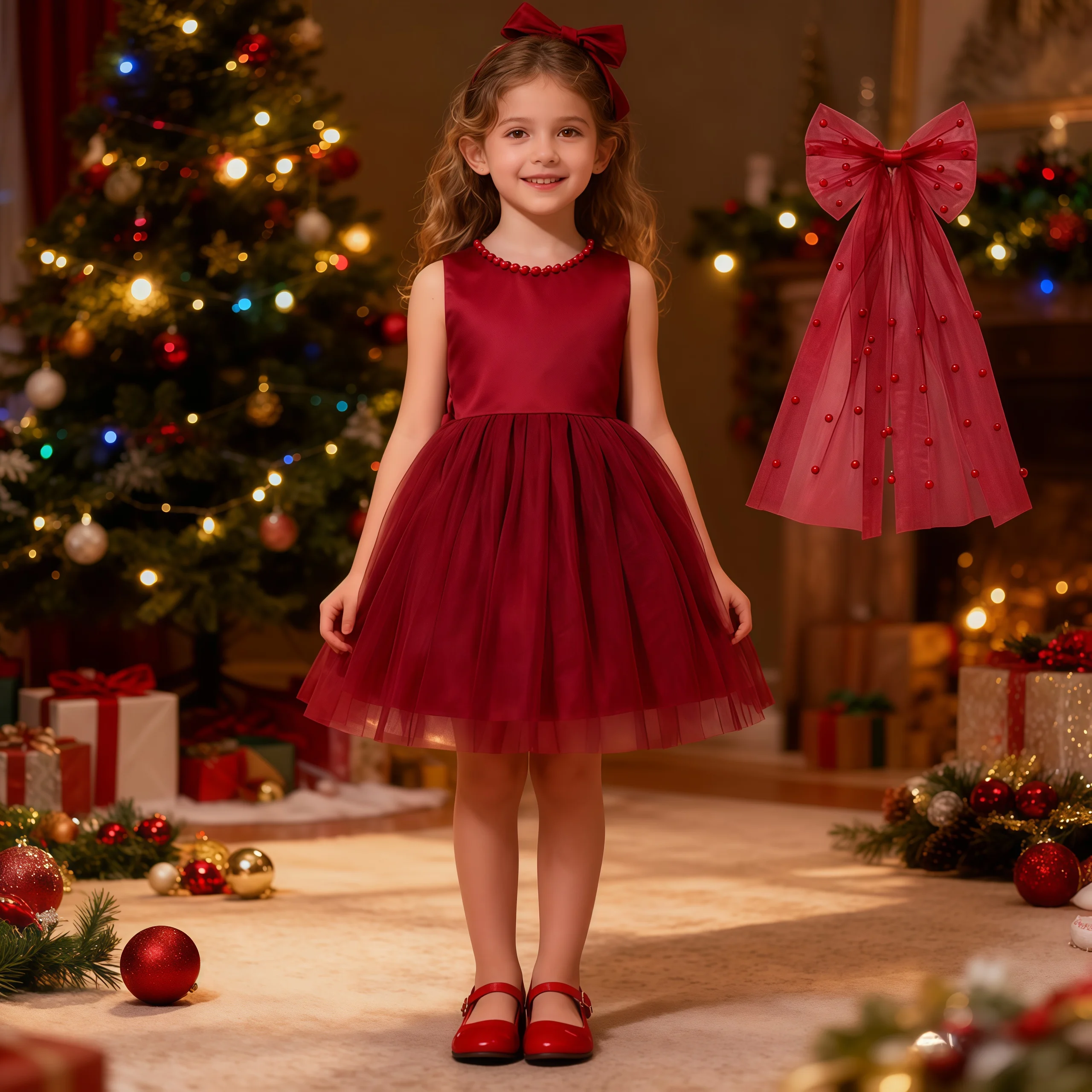 فستان الأميرة الشيفون من التول مع ربطة رأس دبوس شعر لؤلؤي للأطفال في أعياد الميلاد وحفلات الزفاف وحفلات التخرج وحفلات الكريسماس