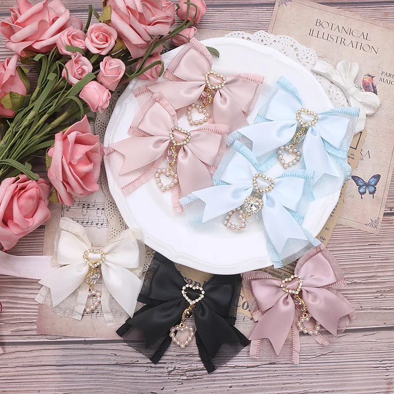 Hair Ribbon Bows Hairclips 1 Pair Girl y2k Japan Accessories Trendy Hair Clips Accessory Lolita Ornament Diamond Heart Pendant