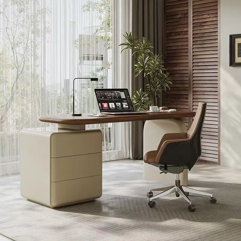Solid wood desk home study computer desk bedroom retractable minimalist cream wind