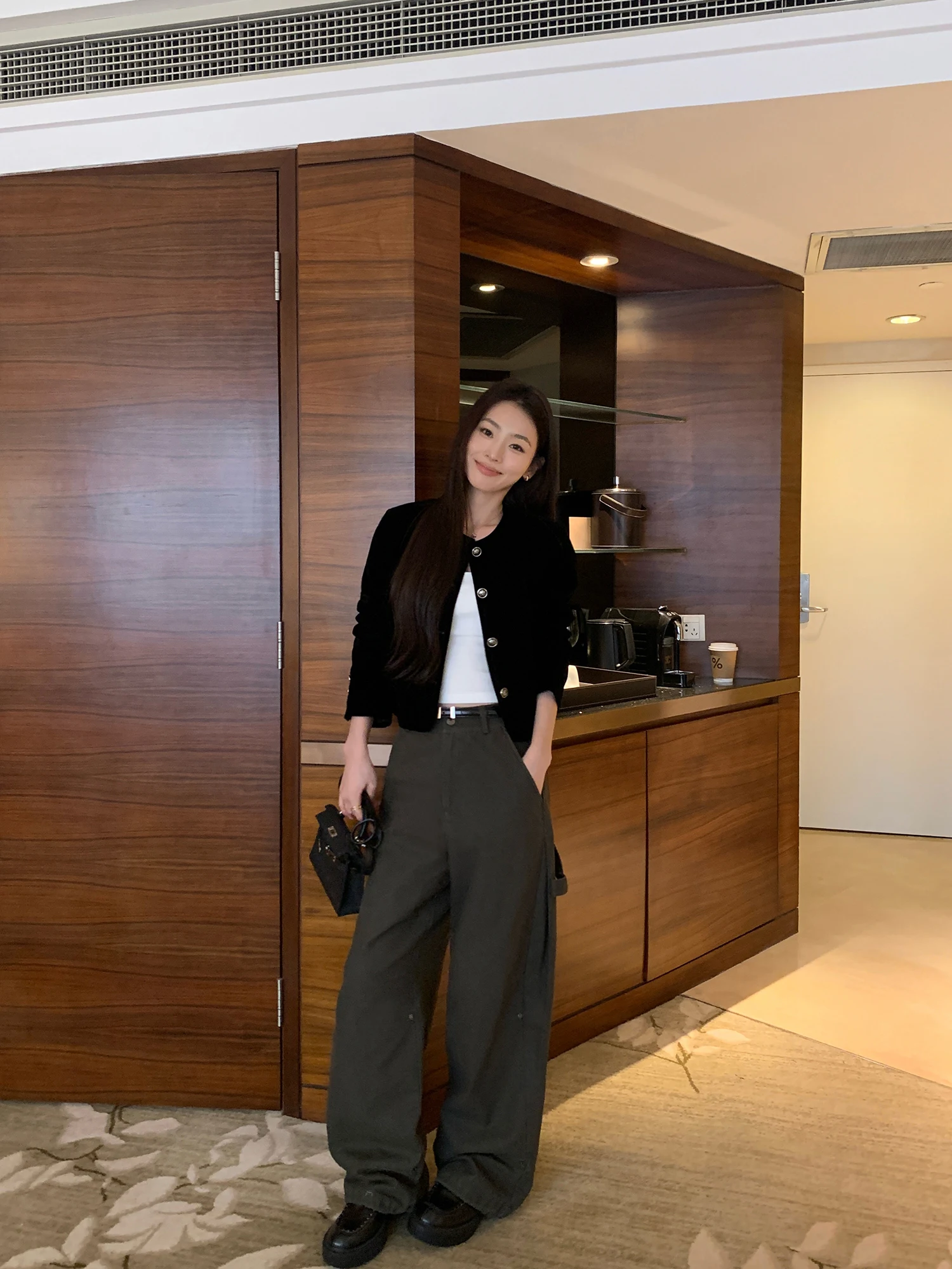 Loose Wide Leg Workwear Pants Women's Loose Drape Straight Casual Trousers Military Green Street Style Cotton Natural Waist