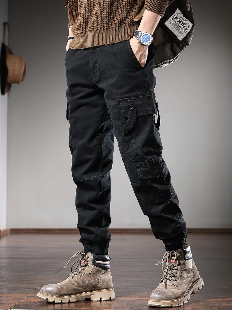 

Autumn Men's Tactical Cargo Pants Casual Pencil Pants Streetwear Black Cotton Slim Fit Trousers