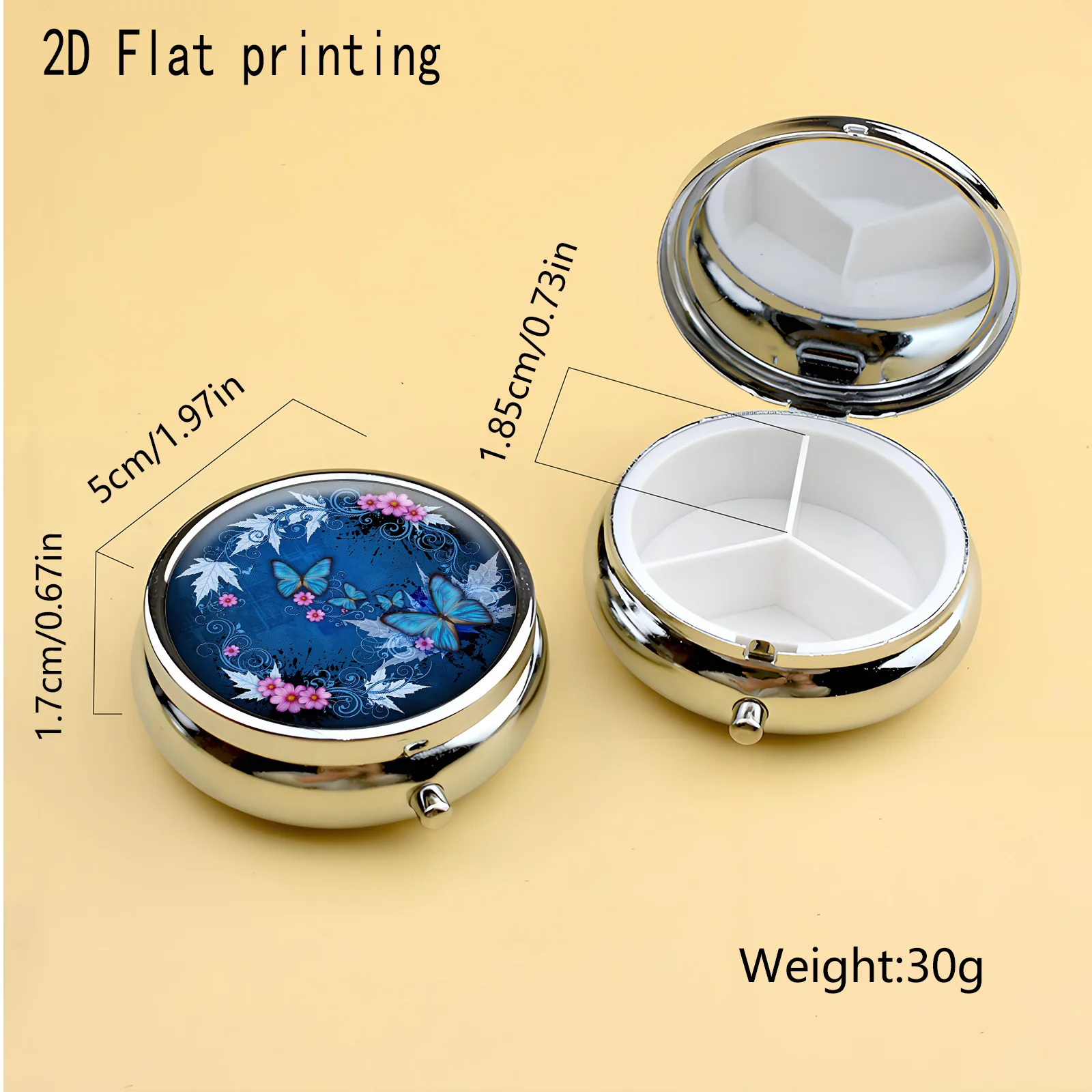 Flat Printing, Portable Mini Three-Compartment Pill Box, Blue Butterfly Floral Print, Travel Medicine Storage Box, Sealed and Moisture-Proof, Capsule Vitamin Storage Box, Portable Small Pill Box