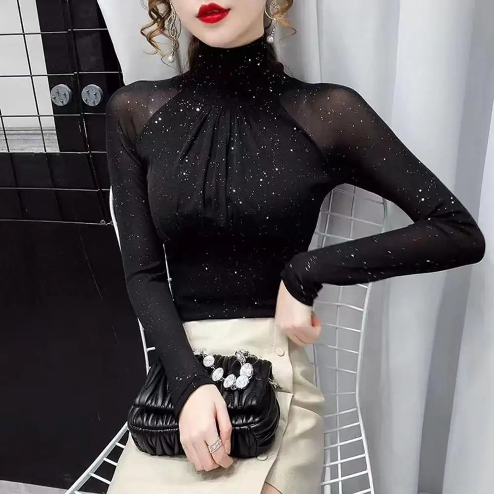 Turtleneck Women Blouses Lady Sexy Long Sleeve Shinny Blouse  Pleated French Style Black Bottoming Shirt Slim Fit Undershirt