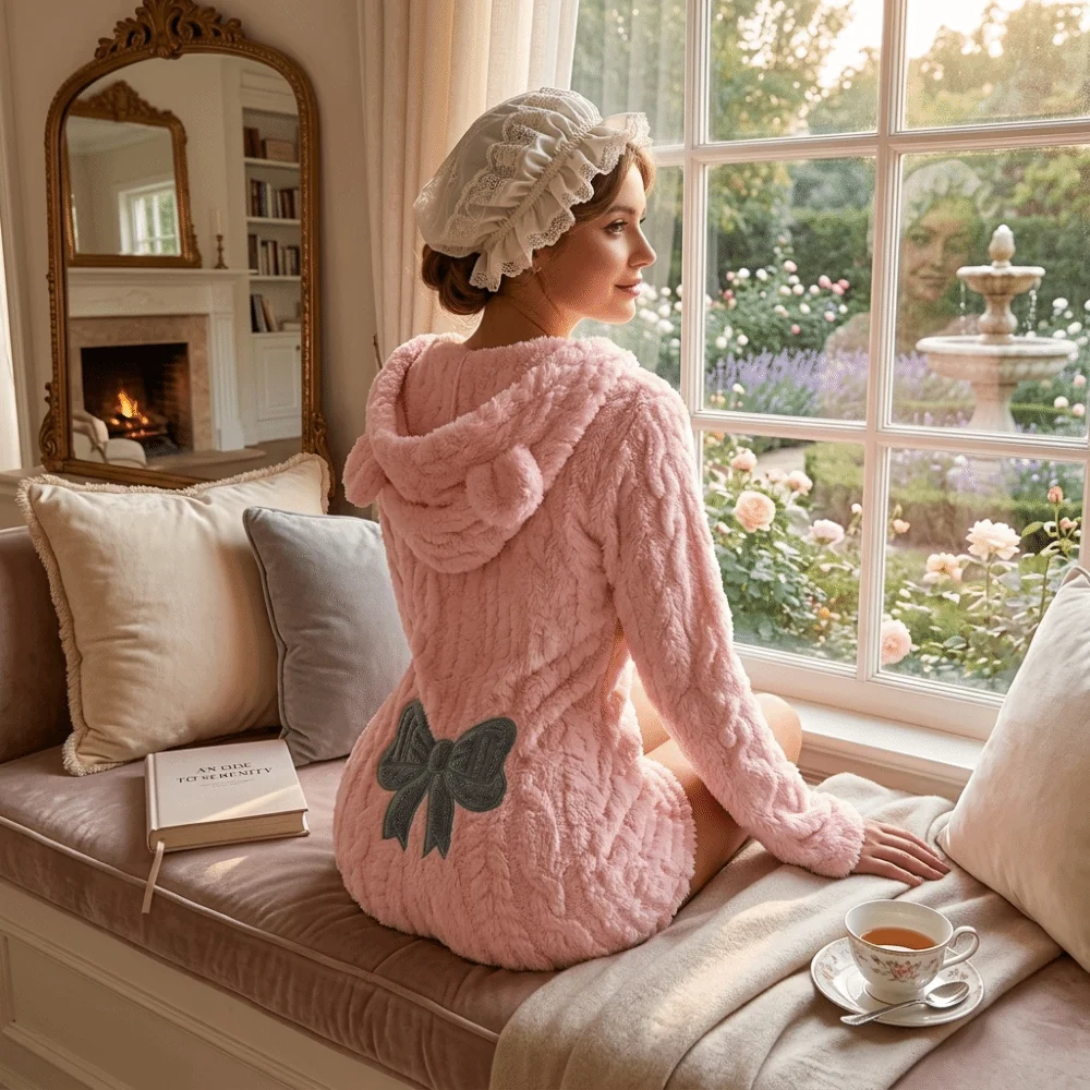 Cozy Hooded Jumpsuit Romper Nightwear Long Sleeve Bow Plush Romper Pajamas Bear Ear Warm Loungewear Bodysuit Night Wear