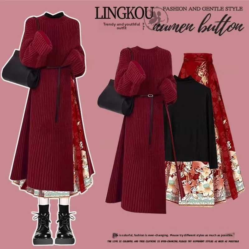 

plus Size Cisas Theme Long Knitted Sweater And Skirt Set for Women Red Slimming Outfit V-Ne Long Sve Faion Set