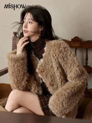 MISHOW Faux Fur Short Jacket Women Casual Vintage Splicing Lace Thickened O-Neck Single Breasted Plaid Tweed Jacket MXD56W0537