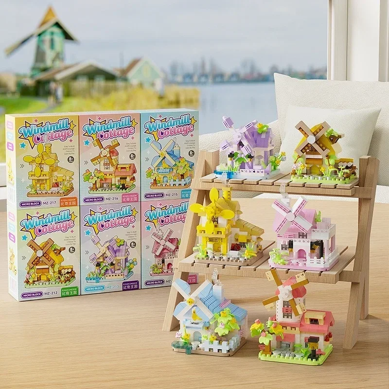 Windmill Tree House Street View Building Blocks Series DIY Assembly Educational Toy Desktop Ornament Birthday Gifts for Children