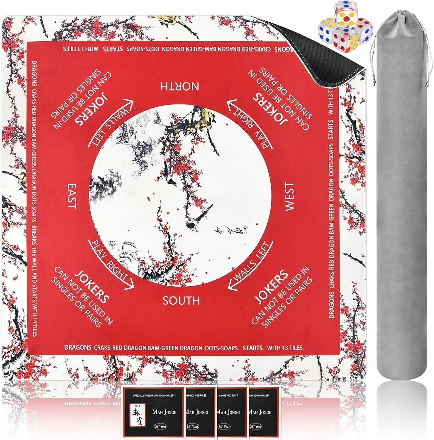 

32.6" Mahjong Mat with Plum Blossom Art, Non-Slip Rubber, Noise Reduction for Poker, Board Games, Card Games, Dominoes, Includes Dice, Manual & Velvet Bag