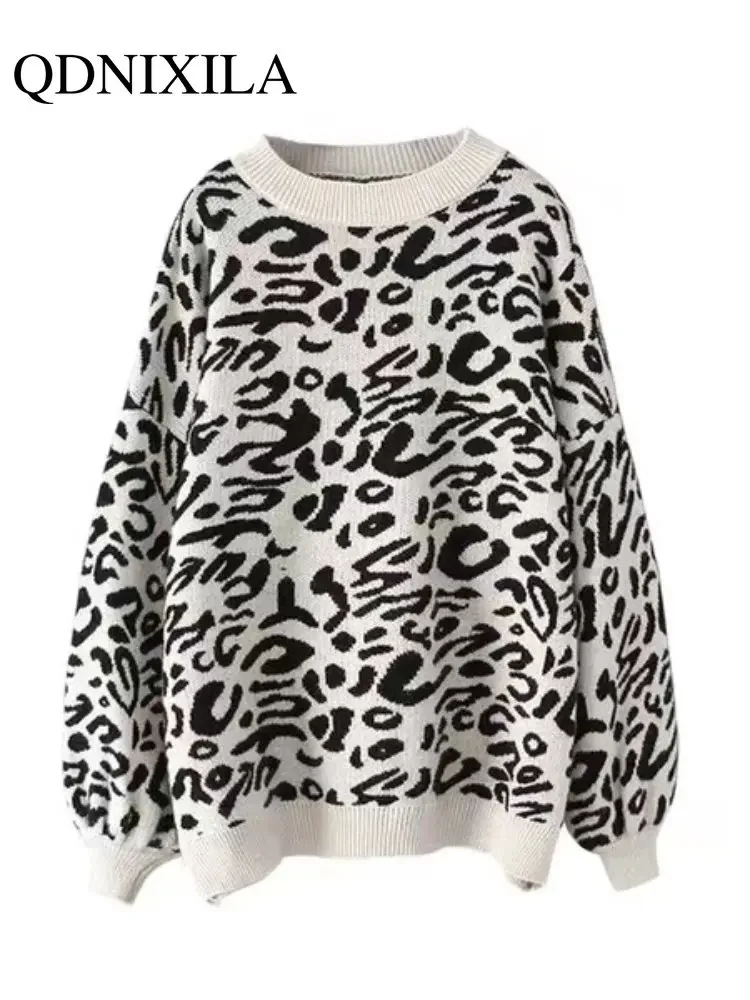 New Sweater Women Turtleneck Leopard Knitted Sweater Print Winter Thick Female Pullovers Casual Tops Oversized Sweater Pullover