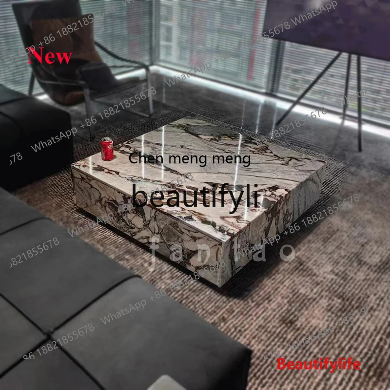 A32 Italian Minimalist Natural Marble Coffee Table with Drawer Designer High-End Coffee Table