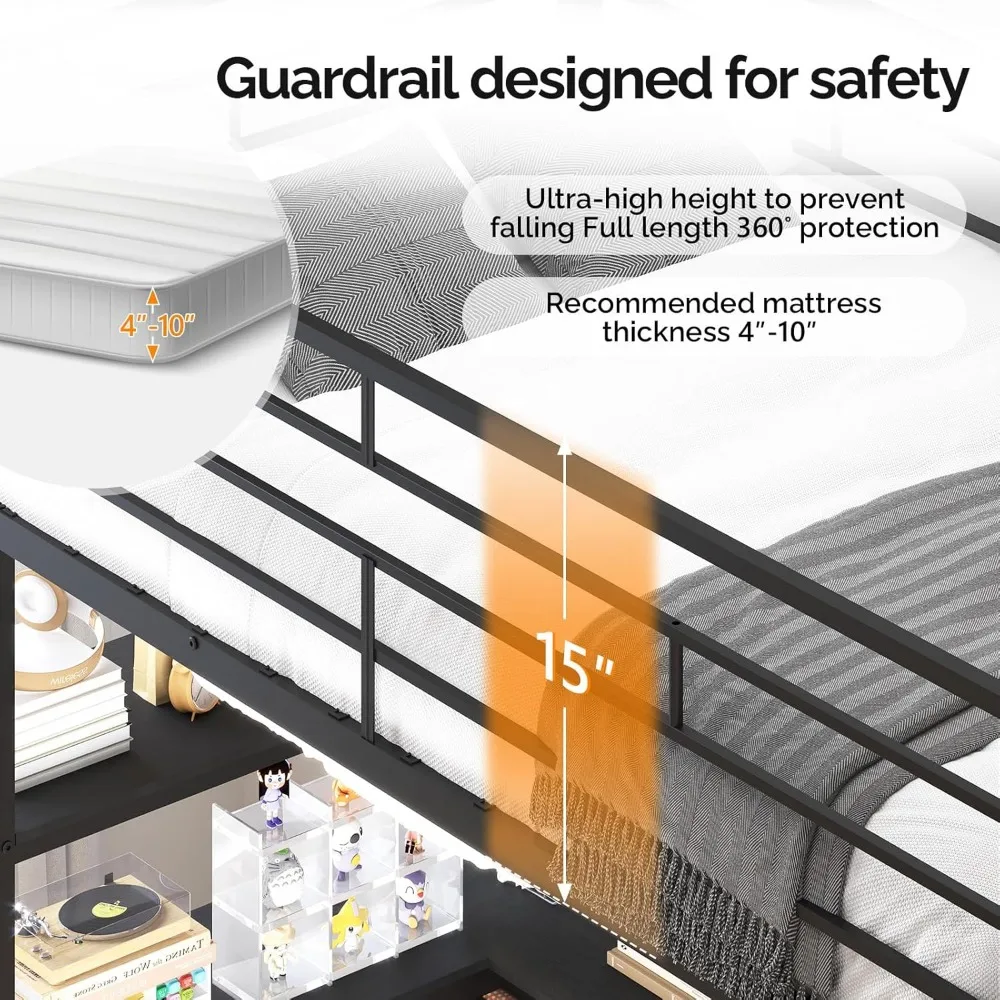 إطار سرير علوي معدني كامل من VINGLI مع مكتب على شكل حرف L، حاجز حماية مقاس 15 بوصة، سلم غير قابل للانزلاق، محطتين شحن، أرفف تخزين/ #3
