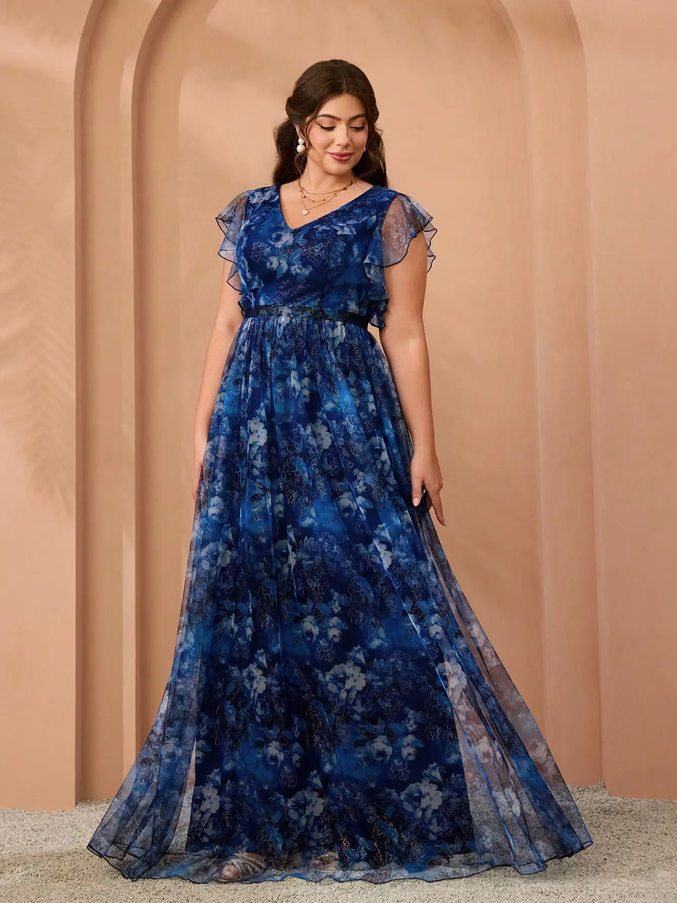 

Mgiacy，New Arrival，V neck,Printed,Elegant,Plus-size bride's mother dress,flounce,belt,Mesh,Long dress,FOR,Wedding,Wedding Guest