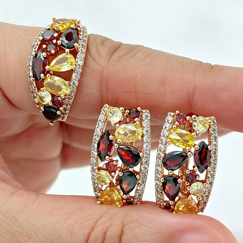 Kinel Hot Colorful Natural Zircon Flower Ring Earrings For Women Fashion 585 Rose Gold Color Fine 2pcs Vintage Jewelry Sets