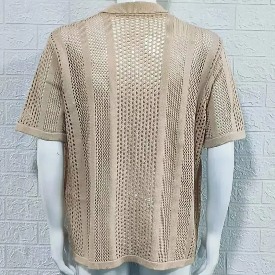 Hollow Breathable Shirt Men's Vintage Knitted Hollow Out Lapel Shirt Casual Summer Fashion for Work Vacation Men Acrylic Shirt