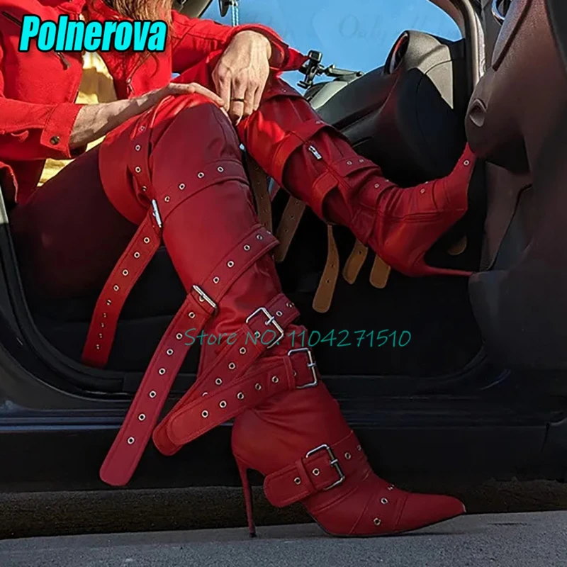 

Сексуальные женские сапоги выше колена с острым носком и пряжкой на ремне, длинные сапоги на тонком высоком каблуке с заклепками, модные пикантные туфли на шпильке для девочек
