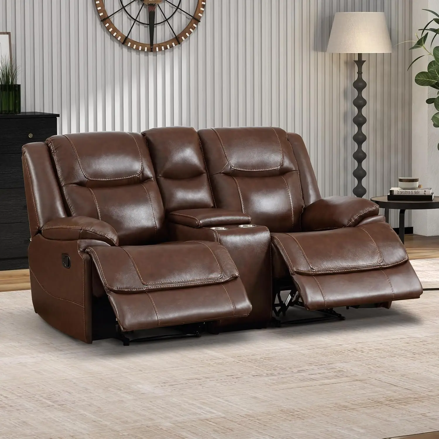 2-Seat Reclining Loveseat Sofa, Genuine Leather Living Room Couch with Storage and Cup Holders, Vintage Brown