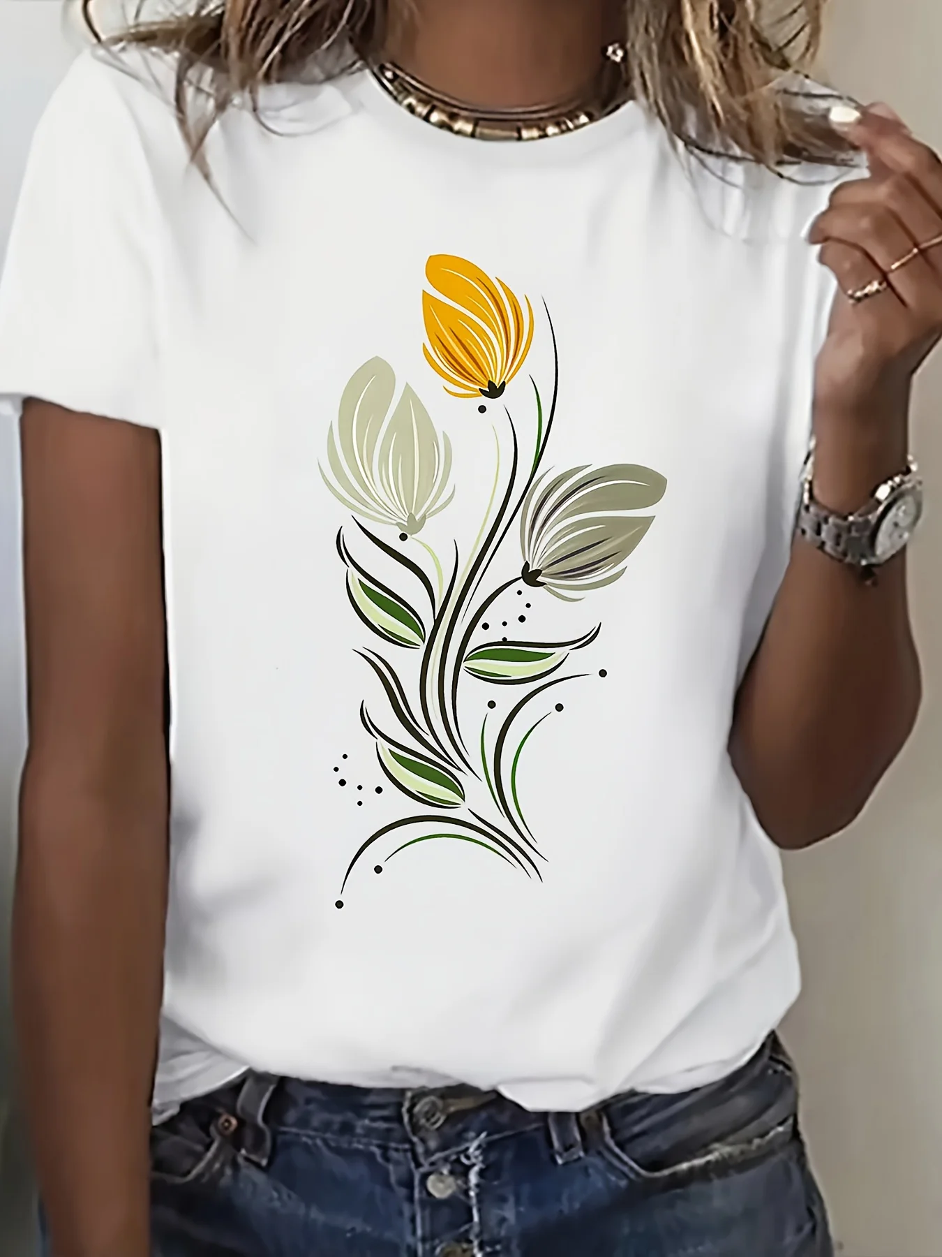 Women'S Spring and Summer Clothing Abstract Floral Pattern T-Shirt Round Neck Short Sleeves Summer Sleeved Harajuku Streetwear