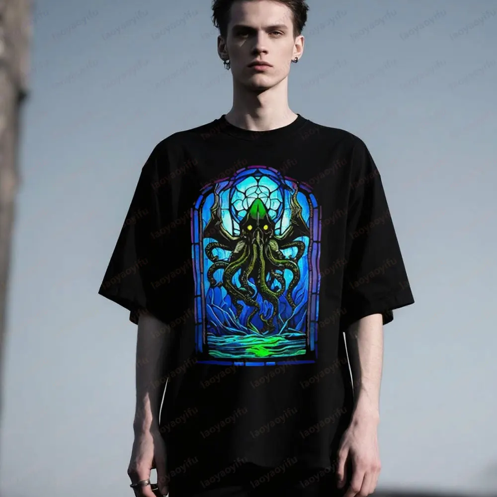 

Cthulhu Rises Great Old One Ocean Depths Tshirt Stained Glass Window Creative Design T-shirt Lovecraftian Horror Men Tee Tops