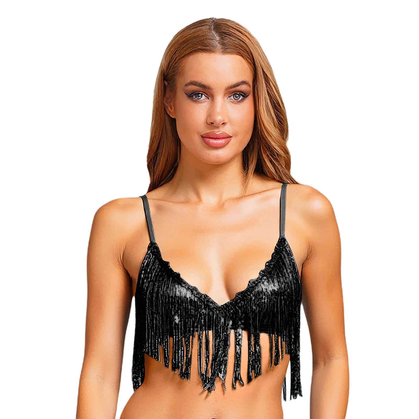 

Adult Women Belly Disco Party Dance Performance Bra Tops Shiny Sequins Backless Fringe Bras Underwear for Beachwear Pool Parties