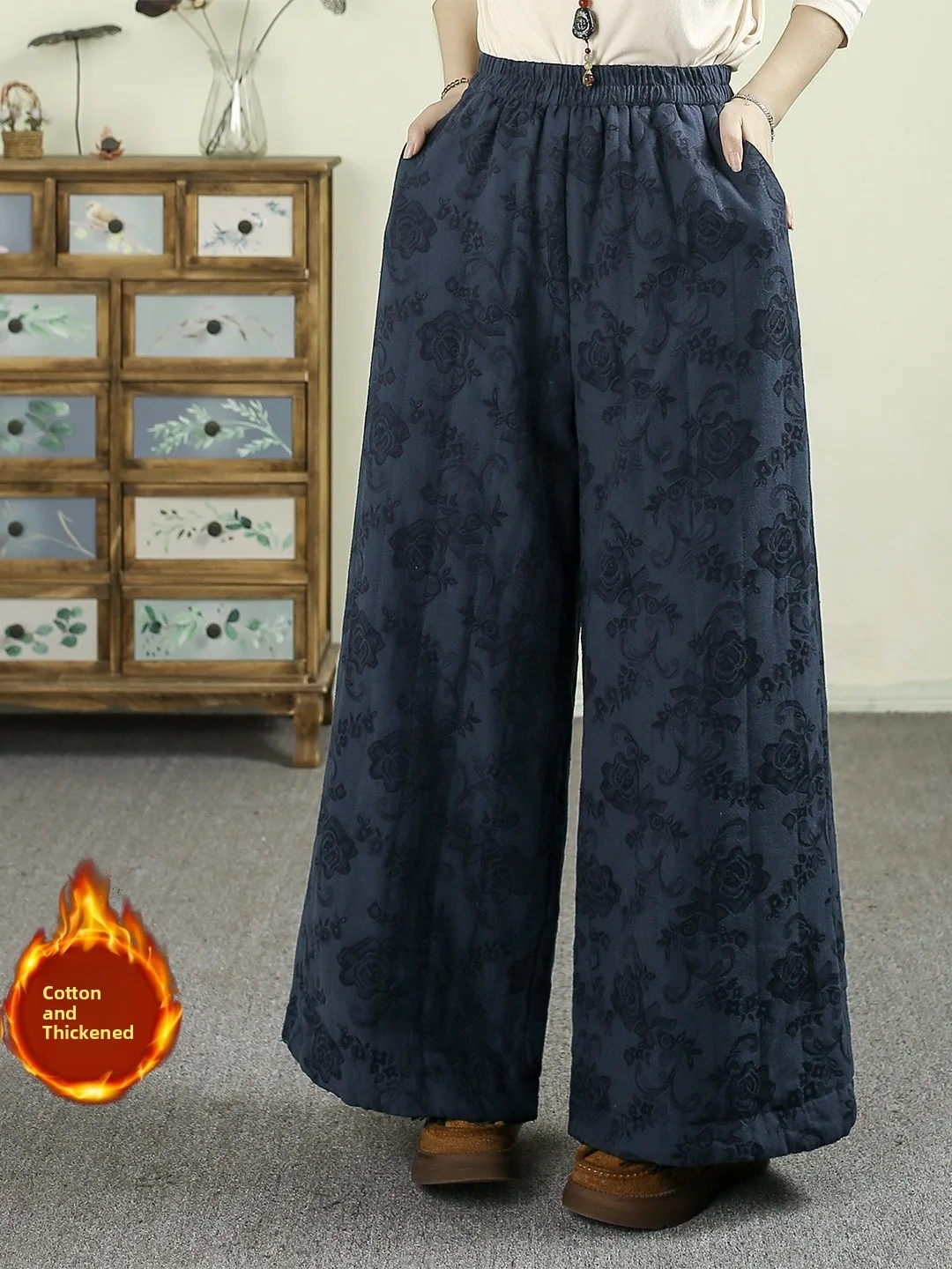 

Теплые хлопковые брюки женские свободного кроя с эластичным поясом, широкие штанины, зимние, новые, с китайской вышивкой, из смесового хлопка и льна
