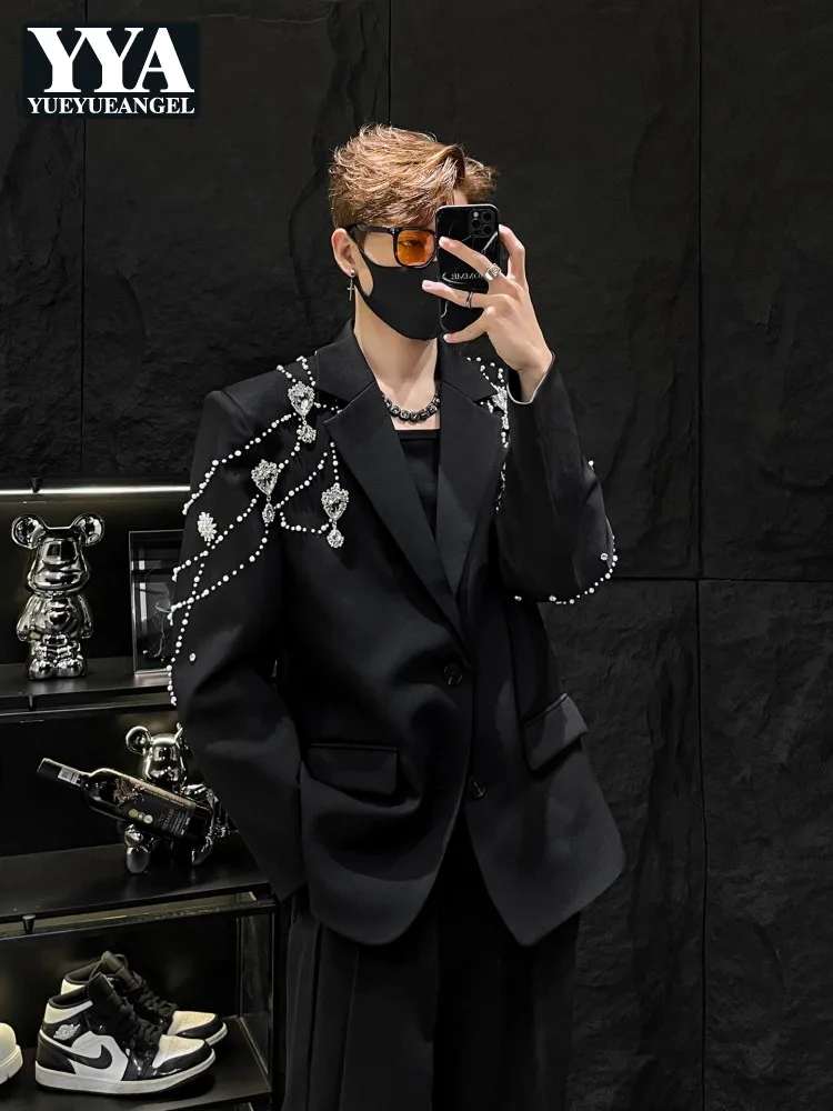 

Модный мужской блестящий черный пиджак с бисером и стразами, свободный однобортный блейзер в молодежном стиле, повседневная верхняя одежда с длинными рукавами