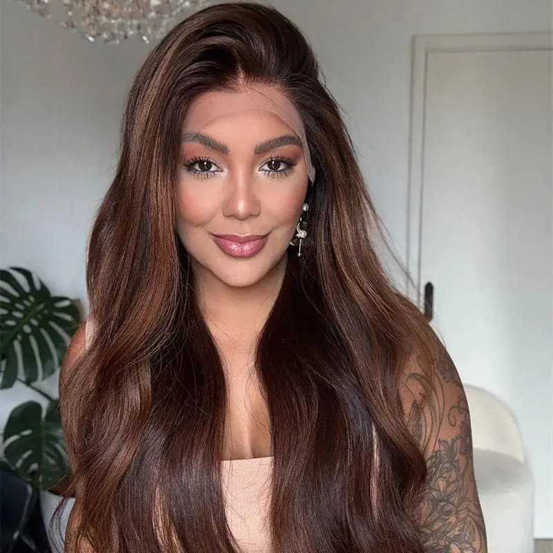 

Long Length Natural Wave Daily Party Wigs Ombre Warm Chocolate Brown Synthetic HD Lace Front Wig Natural Preplucked Hairline