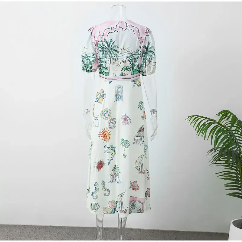 Holiday Casual Print Empire Waist Long Dress 2024 NEW Summer Short Sleeve Comfortable Loose Vintage Robe Party Club Vestidos