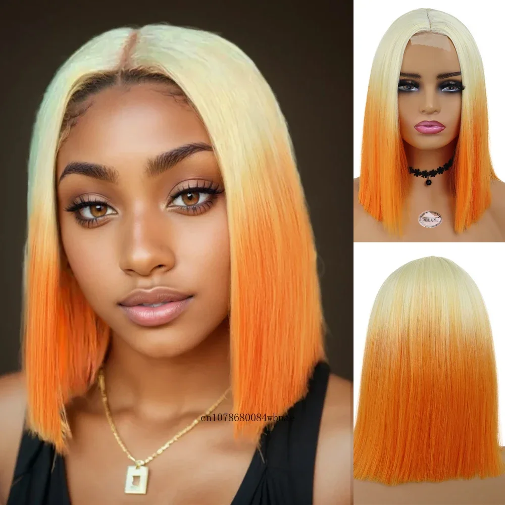 

Cosplay Wig for Women Synthetic Hair Short Ombre Orange Straight Lace Front Wigs Bob Hairstyle Heat Resistant Fiber Average Cap