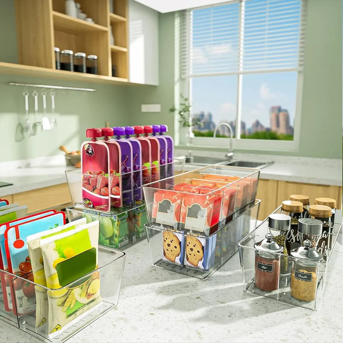 belong Pantry Organizers and Storage Bins,Plastic Clear Storage Bins with 3 Removable Dividers,BPA-Free Fridge Organizers