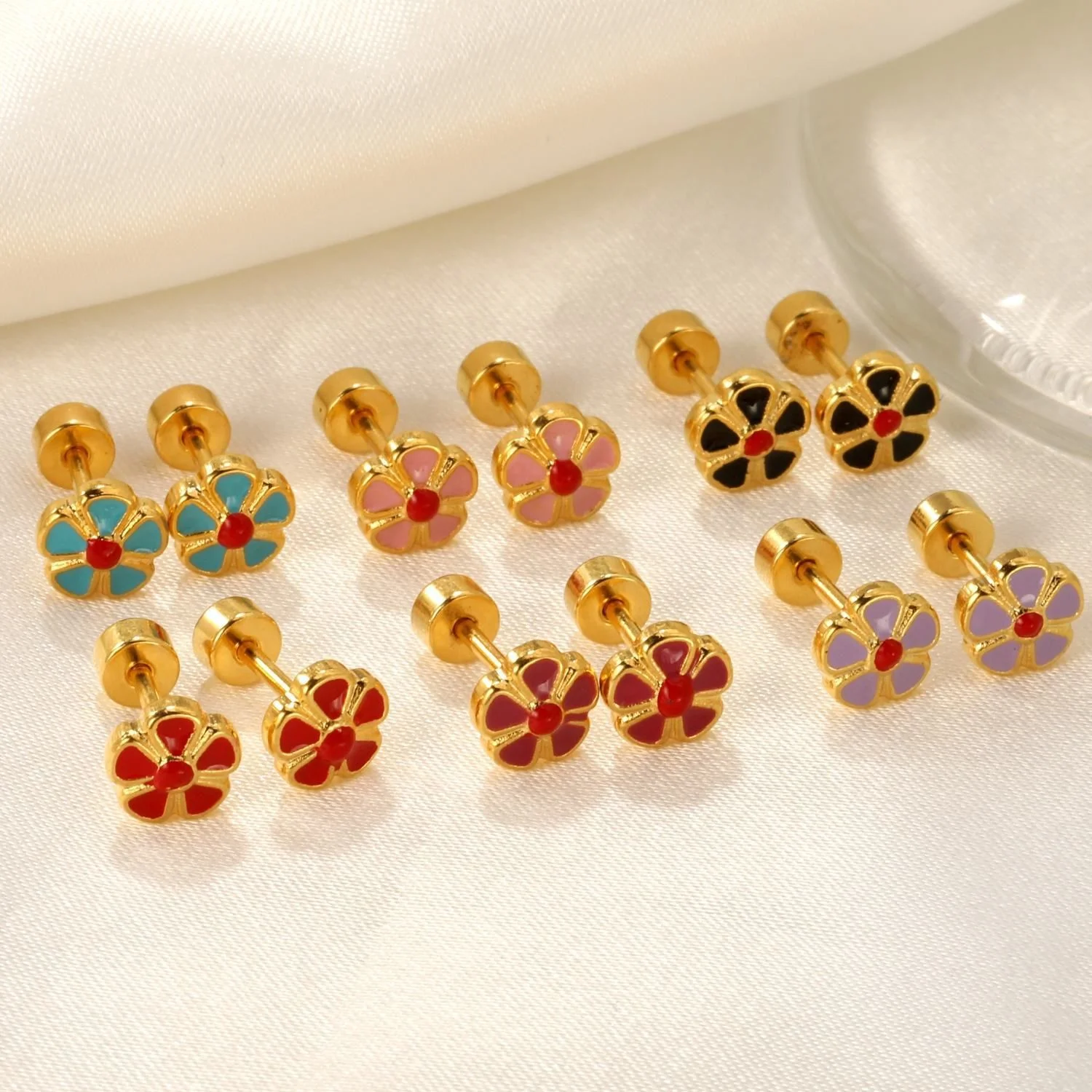 12 Pairs/Box Stainless Steel Mixed Color Flower Stud Earrings Set for Women, Cute Earrings That Don’t Fade, Jewelry Wholesale
