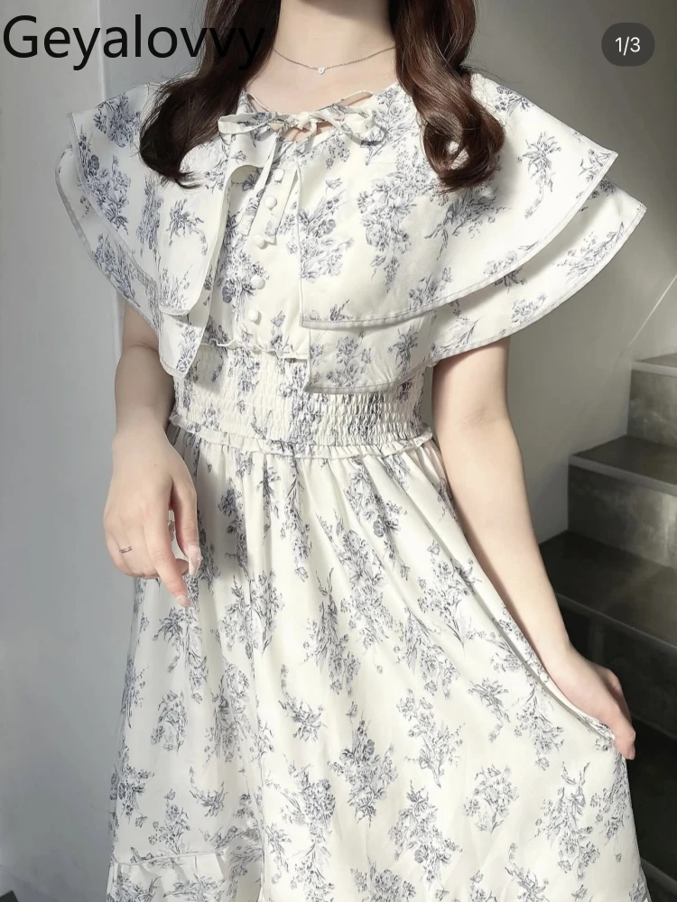 Japonês doce dupla camada lapela estilo capa vestido de renda verão novo de cintura alta magro-ajuste impresso polka-dot vestidos longos