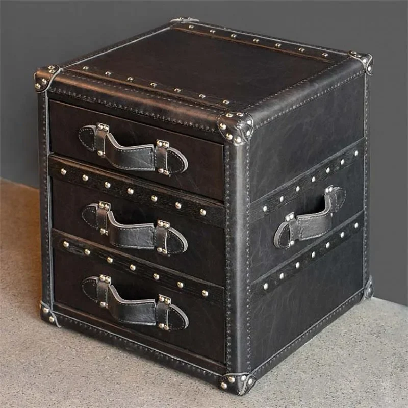 #American country retro leather case, sofa side storage, bedside table, first layer leather, European suitcase side table