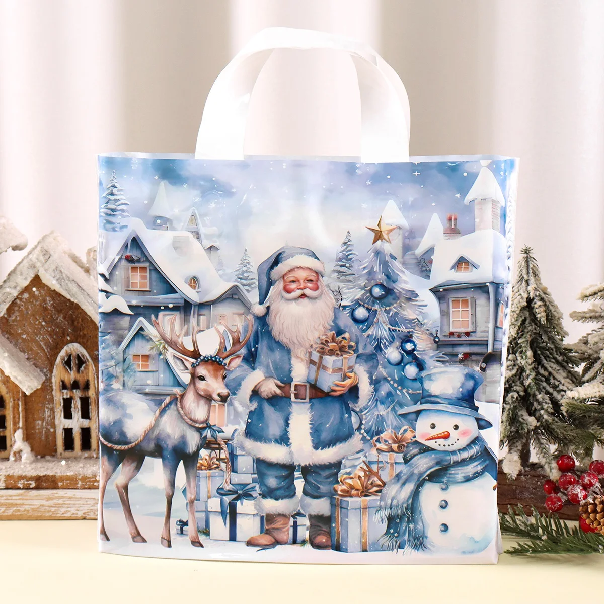 6/12 Stück blaue Weihnachtsgeschenktüten mit Aquarell-Weihnachtsmann-Aufdruck, Winterwunderland-Thema, Süßigkeitentüten für Weihnachtsdekoration – Detail 2