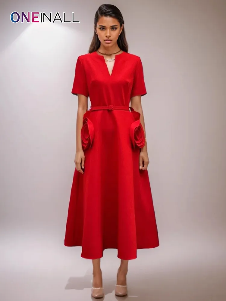 

ONEINALL Patchwork Floral Red Dresses For Women V Neck Short Sleeve High Waist Loose Solid Elegant Summer Long Dress Female 2024