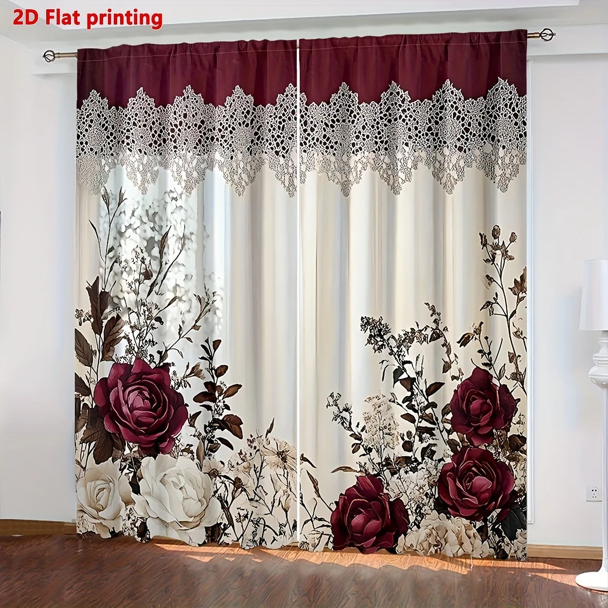 2D printing, 2 pieces, Victorian style retro floral design printed curtains, suitable for bedroom, living room curtains and home