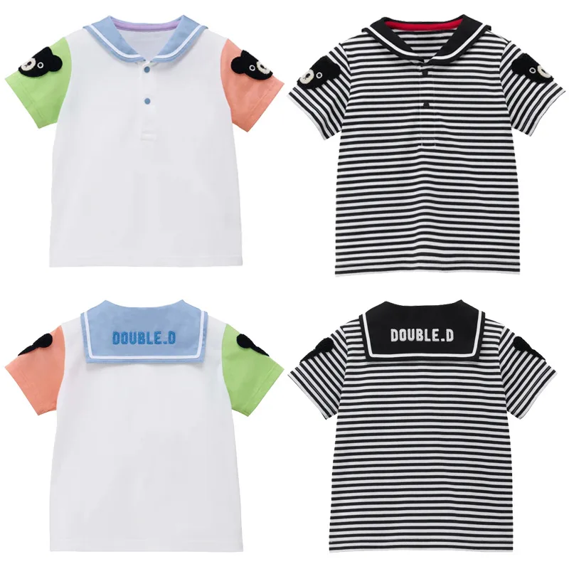 

Cute Black Bear Navy Collar Children's Shirt Cartoon Color-Blocked Striped Inner Shirt