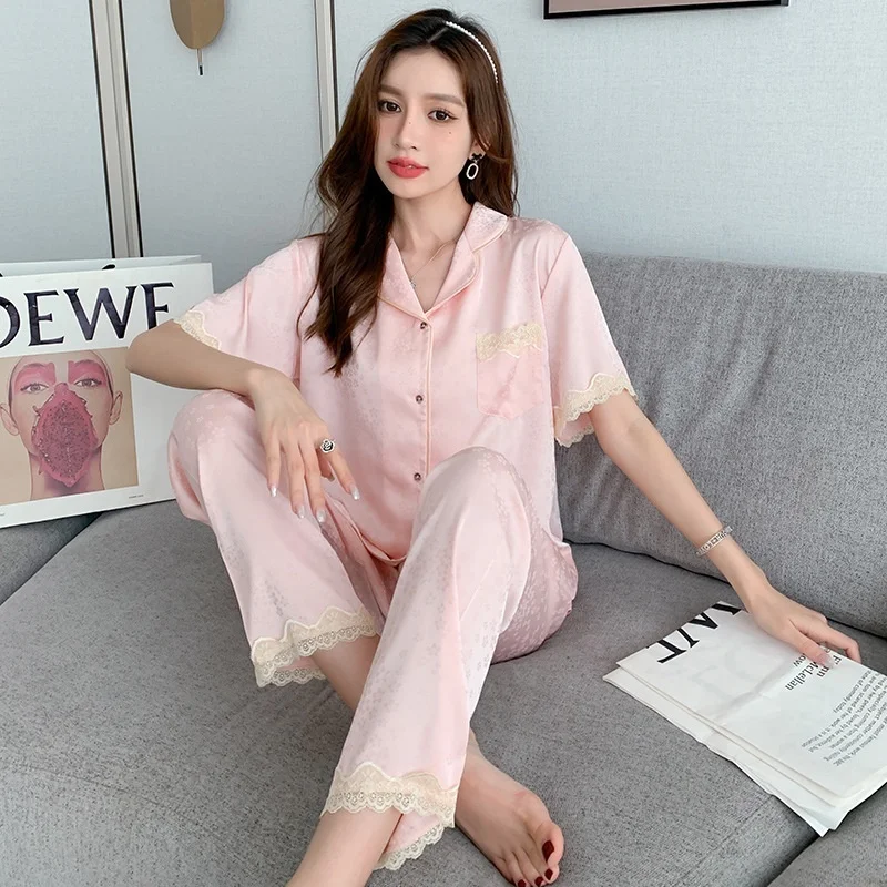 Lisacmvpnel Ice Silk Pajamas Women\'s Summer Short Sleeve Pajamas High-grade Spring Autumn Home Clothes Can Be Worn Out Sleepwear