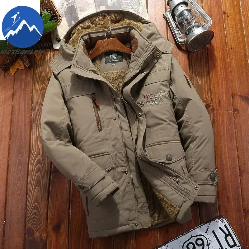 

Mens Winter Fleece Parkas Long Retro Thick Warm Cotton Padded Jackets Man Leisure Hooded Camping Windproof Parkas Snow Wool Coat