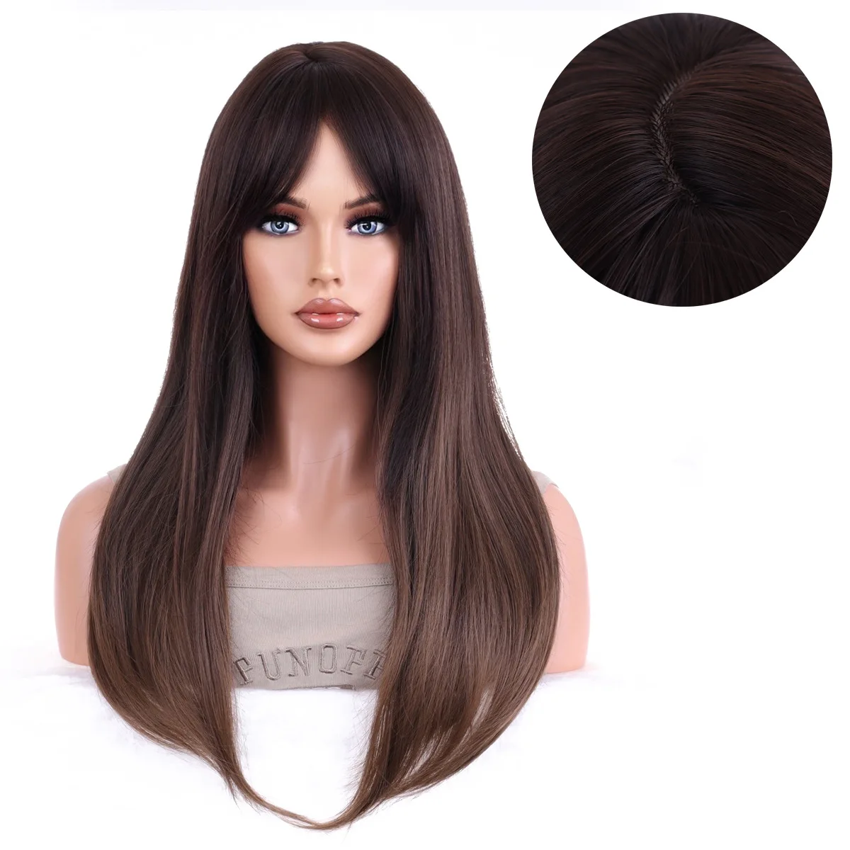 

Europe and the United States popular fashion wig women bangs dark brown pick straight hair high temperature silk headgear