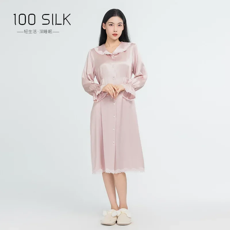 

Slim 100% Mulberry Silk Nightdress Long Sleeve Lapel Women's New Lace Trim Silk Nightgown Lingerie Female Sexy Dress Pajamas