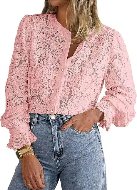 Spring Autumn Shirt Elegant Lady Commuting Top 2025 New Fashion Casual Long Sleeved Round Neck Lace Single Breasted Shirt Women