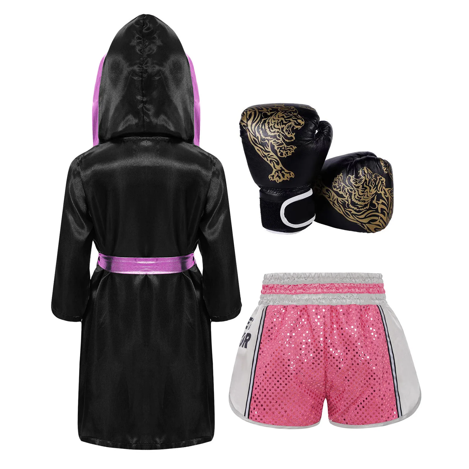 الملاكمة الزي زي الهالوين التأثيري كم طويل معدني تقليم الساتان مقنعين رداء مع حزام الترتر سراويل الملاكمة والقفازات #2