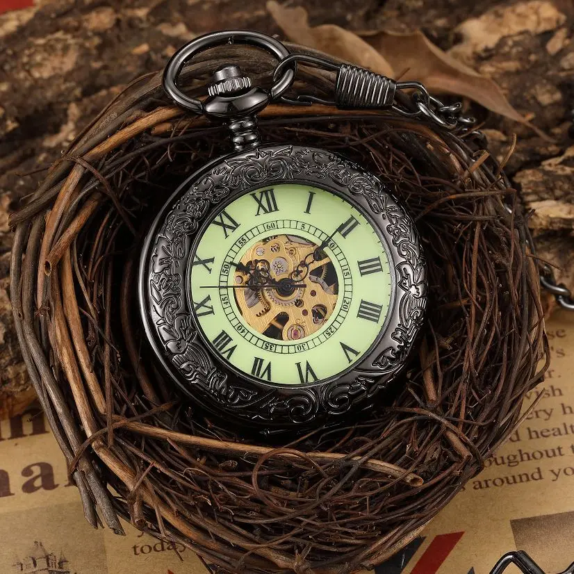 

Steampunk Luxury Fashion Antique Skeleton Mechanical Pocket Watch Men Chain Necklace Business Casual Pocket & Fob Watches Black