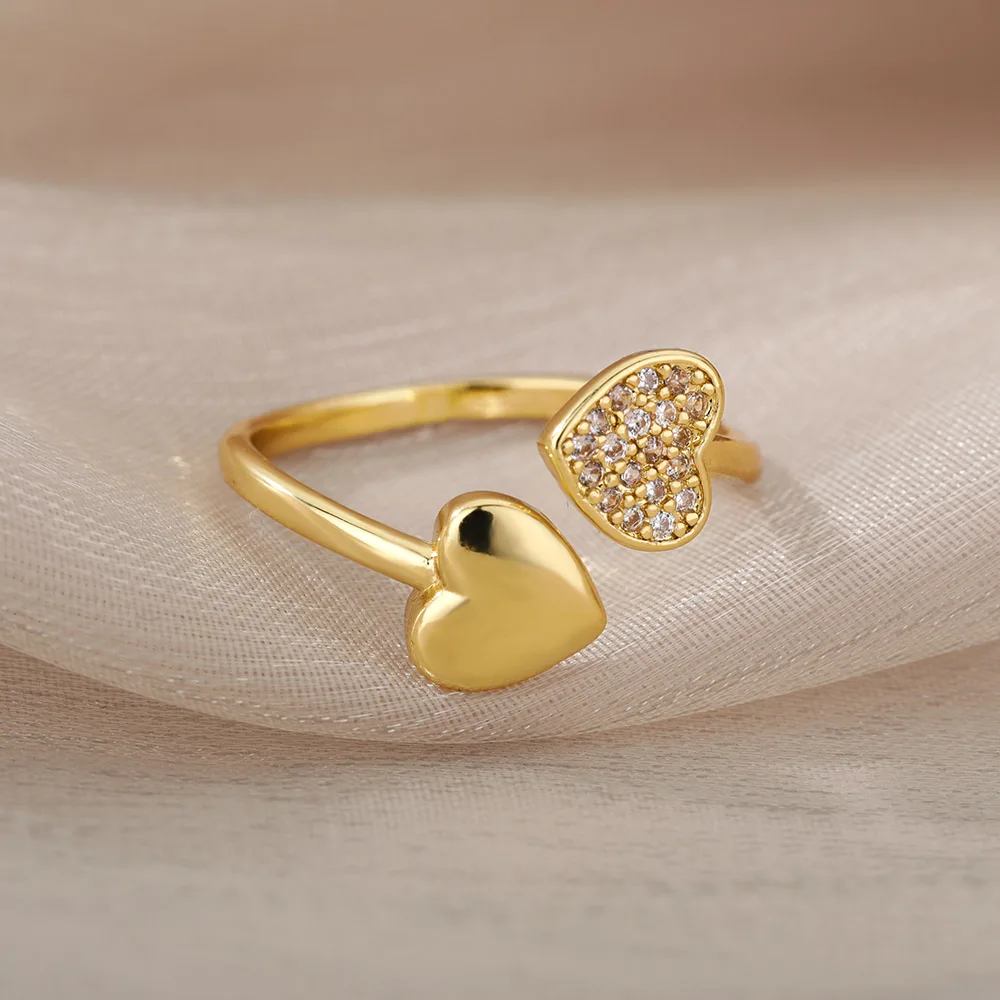 Vintage Cubic Zircon Moon Heart Open Rings For Women Gold Color Stainless Steel Ring Wedding Couple Boho Jewelry anillos mujer