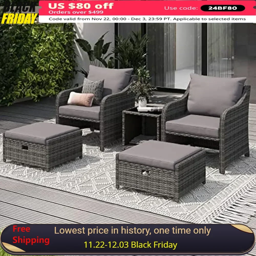 

Outdoor Lounge Chair for Lawn Pool Balcony Garden Furniture Set Cushioned Patio Chairs Set of 2 W/Ottoman&Table Grey Sets