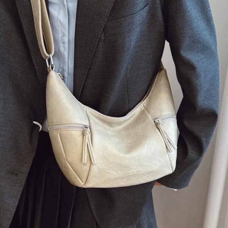 

Vintage Lightweight Crossbody Hobo Purse For Women With Double Zippers Elegant PU Leather Soft Messenger Hobo Bag