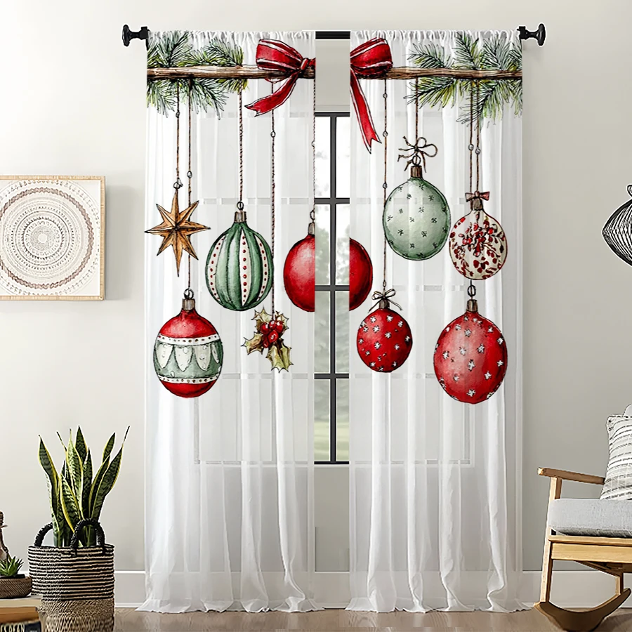2PCS Christmas Winter Sheer Curtains, Hanging Bauble Star, Digital Print, Bedroom Living Room, Rod Pocket Polyester, Home Decor